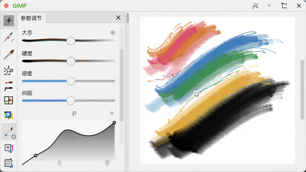 软件名称GIMP,主体是画笔工具参数调节面板与绘画笔触效果,布局为左侧工具选项、右侧笔刷预览,排版展示笔刷大小、硬度、间距滑块,风格为简约浅色工作台,细节包含彩色笔触线条与压感曲线图,画质高清,干净,无多余元素