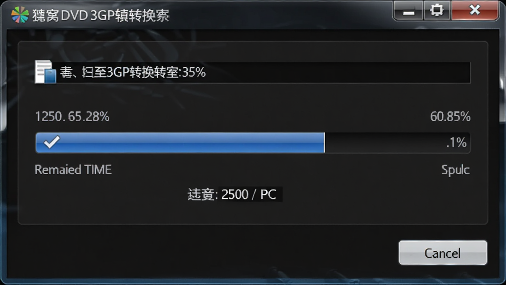 一张展示狸窝DVD至3GP转换器转换进度界面的图片,主体是软件进度窗口,布局为上方文件名、中间进度条、下方剩余时间,排版简洁,风格为深色科技风格,细节包括百分比数字、速度显示、取消按钮,画质清晰,干净,无多余元素