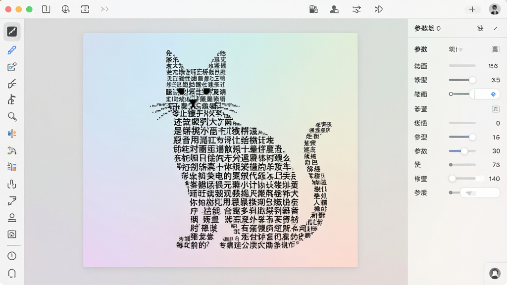 一张展示文字画秀软件界面的全景图,画面中央是一幅正在生成的文字画作品,远看是一只猫咪的轮廓,近看由密密麻麻的中文汉字组成。主体是软件操作界面,布局包含左侧工具栏、中间画布预览区、右侧参数调节面板。排版整洁,风格为现代简约科技风,细节上画布中文字清晰可辨,色彩柔和过渡自然,画质高清,干净无多余元素