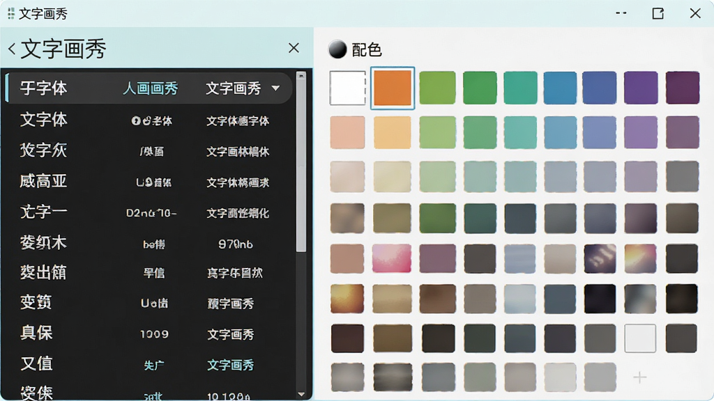 文字画秀字体与配色选择界面截图,主体是软件面板,布局左侧为字体列表,右侧为配色色板。排版整齐,风格为清新明亮的UI设计风,细节上显示多种字体名称和颜色方块,画质高清,干净无多余元素,画面中包含文字“文字画秀”