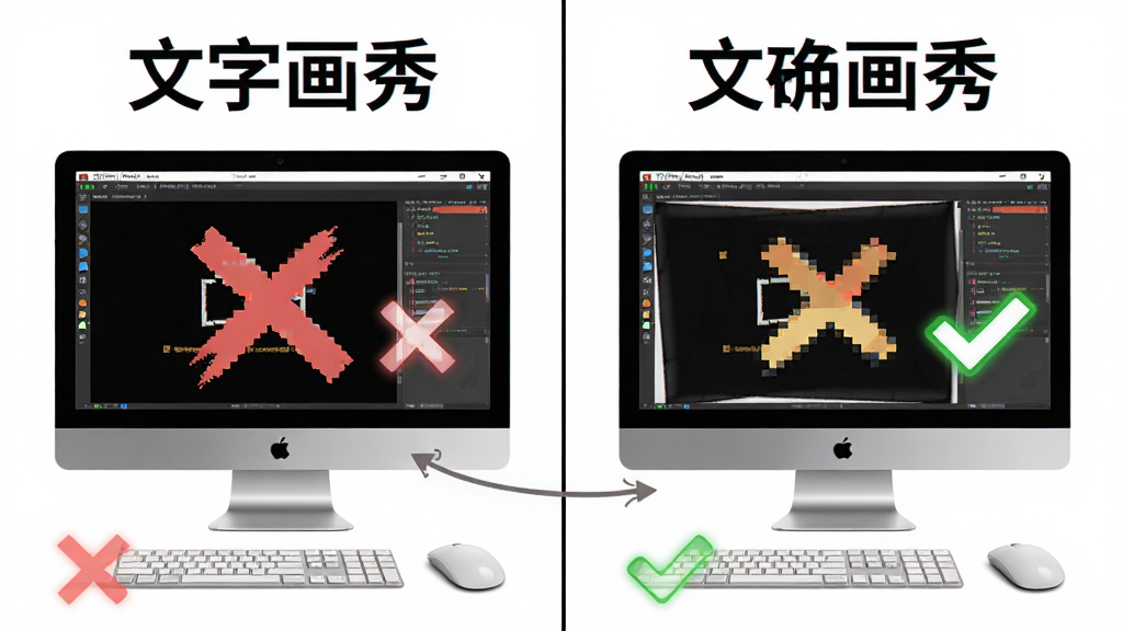 文字画秀新手操作流程图解,主体是电脑屏幕显示软件界面,布局分为左右两部分,左侧为错误操作示例,右侧为正确操作示例。排版对比清晰,风格为教程图解风,细节上包含红色叉号和绿色对勾图标,画质高清,干净无多余元素,画面中包含文字“文字画秀”