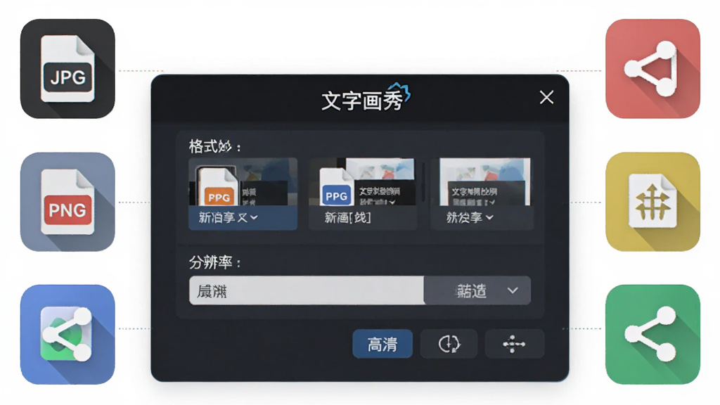 文字画秀导出与分享功能展示图,主体是软件导出对话框,布局中央为格式选择和分辨率选项,四周环绕分享图标。排版简洁,风格为现代商务风,细节上显示JPG、PNG等格式图标和高清字样,画质高清,干净无多余元素,画面中包含文字“文字画秀”
