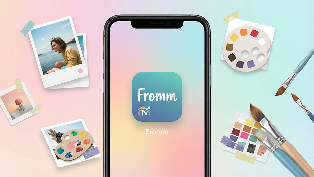 一张手机屏幕展示艺术创作应用界面的预览图,画面中央是名为“Fromm”的软件图标与启动页,背景为柔和渐变色,周围漂浮着照片卡片、调色盘、画笔与拼贴元素,布局简洁居中,风格清新现代,细节干净,画质高清,无多余文字与杂乱装饰