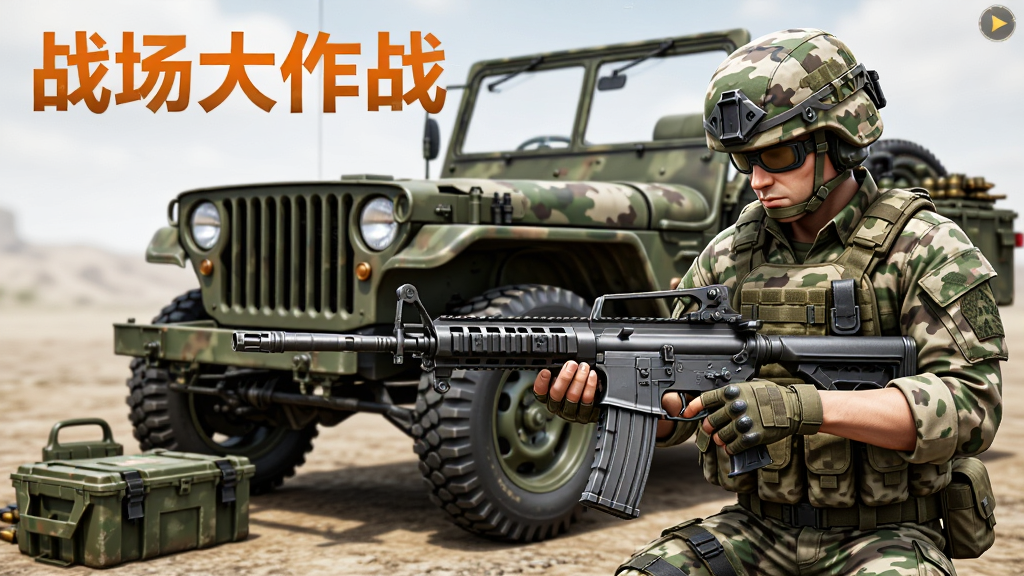 主体为一名士兵正在改装突击步枪,旁边停着一辆军用吉普车,布局采用左右分栏,左上角用橙色字体写着