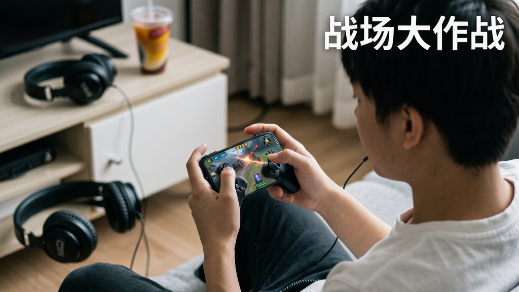 主体为一名新手玩家坐在沙发上手持手机游玩,手机屏幕显示战场大作战的战斗画面,布局采用斜侧视角,画面右上角用白色字体写着
