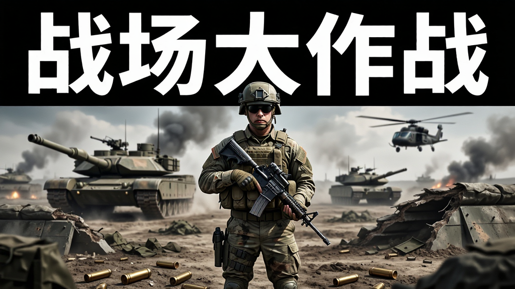 主体为一名全副武装的士兵站在开阔战场中央,远处有坦克与直升机轮廓,布局采用居中构图,上方留白区域用粗体白色文字写着