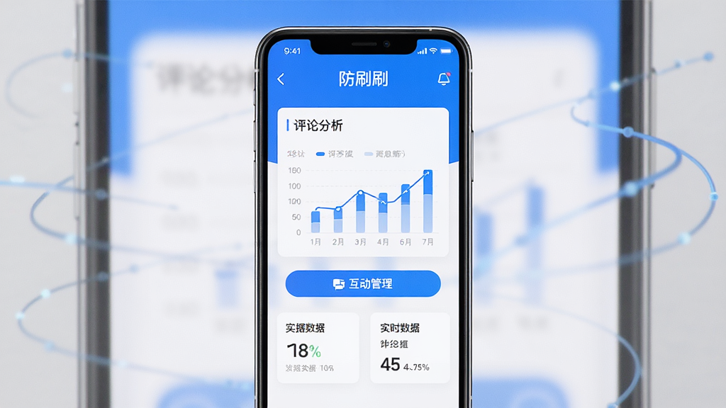 一张展示手机屏幕的图片,屏幕中央显示“防刷刷”软件的主界面,界面包含评论分析图表、互动管理按钮和实时数据卡片,整体布局简洁,采用蓝白配色,风格现代科技感,细节清晰,画质干净无多余元素,适合作为软件下载站预览图