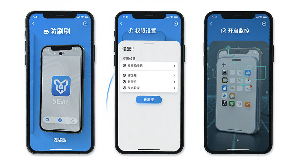 一张AI生成的图片,画面展示“防刷刷”软件在手机上的操作步骤示意图,包含安装、权限设置、开启监控三个画面,布局为横向排列,风格简约清晰,背景为白色,细节干净,画质高