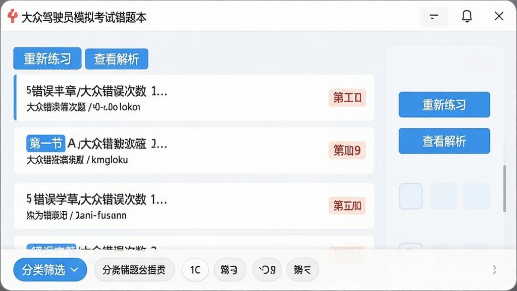 一张展示大众驾驶员模拟考试错题本功能的图片,画面中软件窗口显示错题列表,每条错题旁标注错误次数与所属章节,右侧有“重新练习”“查看解析”按钮,底部有分类筛选栏,界面采用浅色背景与蓝色高亮标签,整体布局清晰,画质高清,无多余元素。
