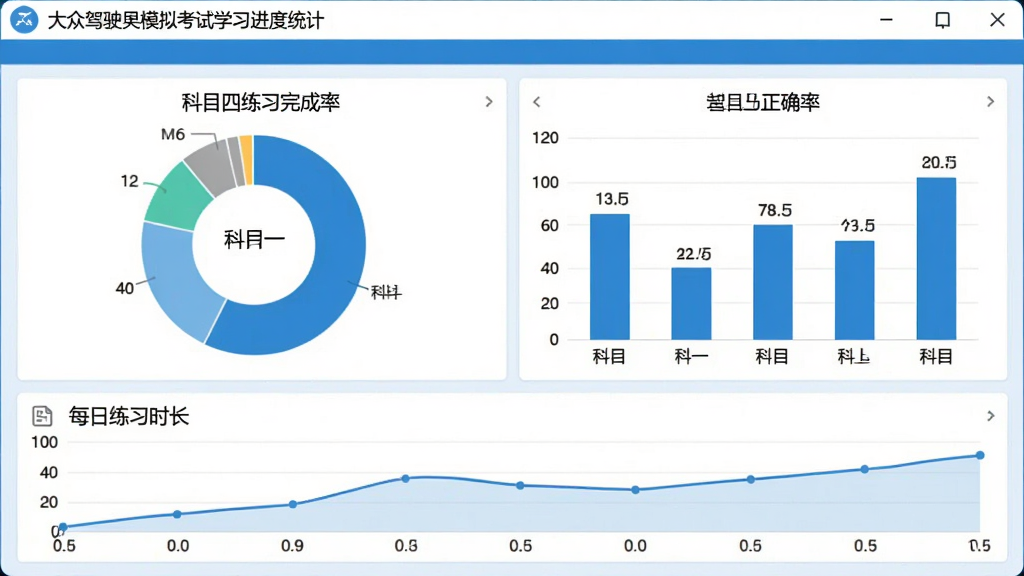 一张展示大众驾驶员模拟考试学习进度统计页面的图片,画面中软件窗口显示饼状图与柱状图,分别展示科目一、科目四的练习完成率与正确率,下方有每日练习时长曲线,界面采用蓝白配色,图表清晰,布局规整,画质高清,无多余元素。