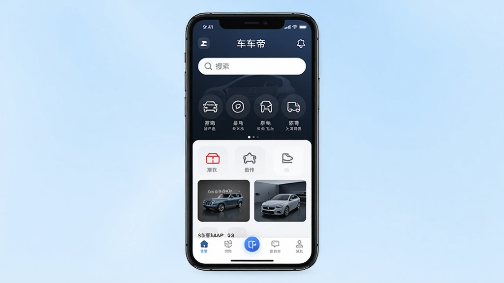 一车帝手机应用主界面展示图,画面中央放置一部智能手机,屏幕内呈现一车帝APP首页布局,包含汽车服务分类图标、搜索栏、底部导航菜单,背景为浅蓝色渐变,风格简洁现代,细节清晰,画质干净,无多余元素