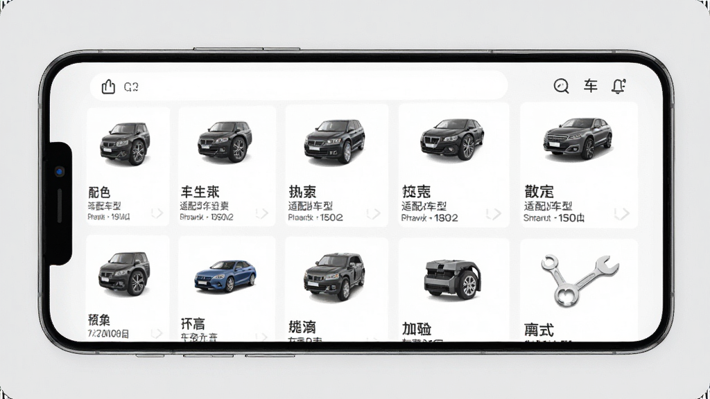 一车帝配件查询功能展示图,画面中手机屏幕显示一车帝APP的配件搜索界面,包含多个汽车配件缩略图、名称标签、适配车型信息,布局整齐,背景为浅灰色,风格清爽素雅,细节清晰,画质干净