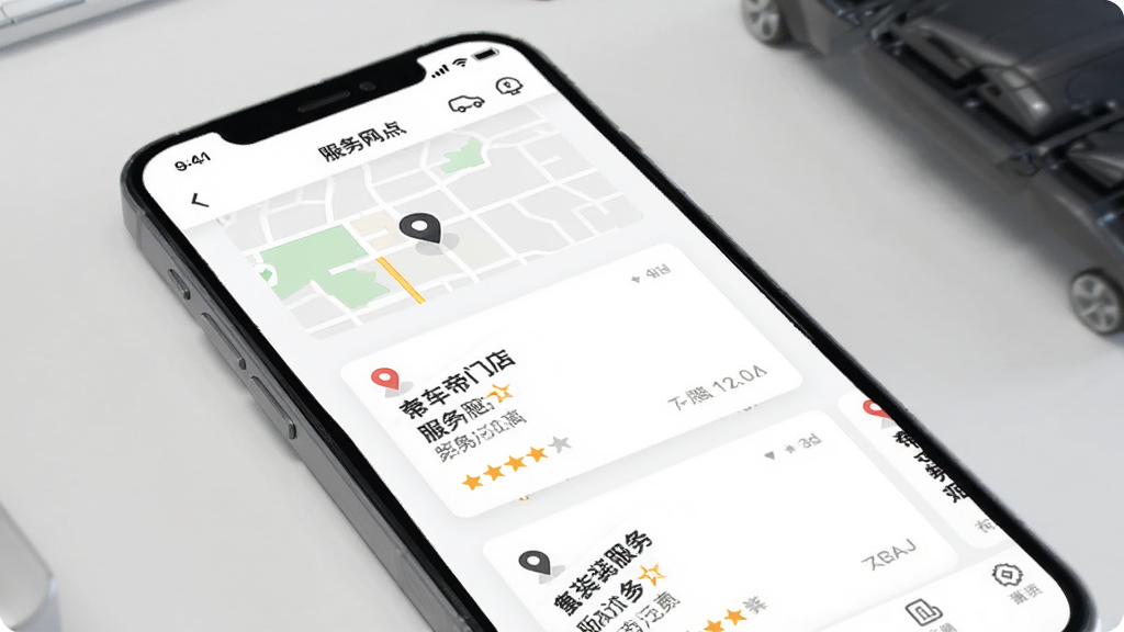 一车帝汽车安装服务页面示意图,画面展示手机屏幕中一车帝APP的服务网点列表,包含地图定位图标、门店名称、距离标注、服务评分,背景为白色卡片式布局,风格简洁商务,细节清晰,画质干净
