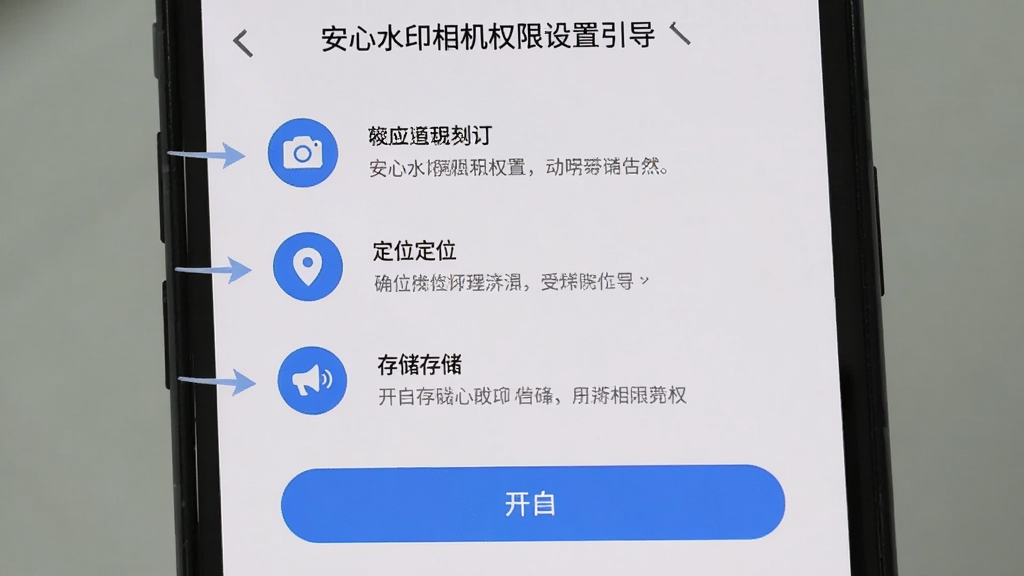 主体为手机屏幕显示安心水印相机权限设置引导页面,页面上有相机、定位、存储三个权限图标和开启按钮,布局为纵向排列,排版清晰,风格为引导教程风,细节包括权限说明文字和箭头指示,画质高清,画面干净,无多余元素