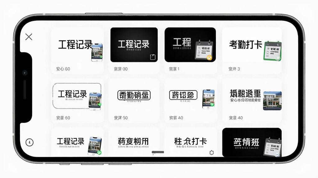 主体为手机屏幕展示安心水印相机模板选择界面,界面中有多个不同风格的水印模板缩略图,布局为网格状排列,排版清晰,风格为现代简约风,细节包括模板名称如
