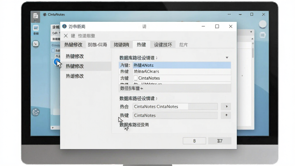 一张展示CintaNotes实用操作技巧的图片。主体是电脑屏幕显示软件的选项设置界面。布局为设置窗口居中。排版展示热键修改和数据库路径设置。风格为软件教程截图。细节是鼠标指针指向“热键”选项卡。画质清晰,干净,无多余元素。