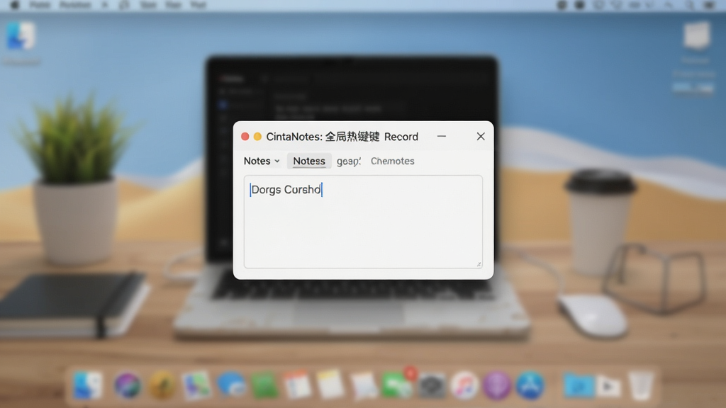 一张展示CintaNotes全局热键快速记录功能的图片。主体是一个悬浮在桌面上的小型笔记输入框。布局为屏幕中央的小窗口。排版简洁,只有标题和内容输入区。风格为轻量级弹窗设计。细节是输入框边缘有阴影,背景是模糊的桌面。画质清晰,干净,无多余元素。