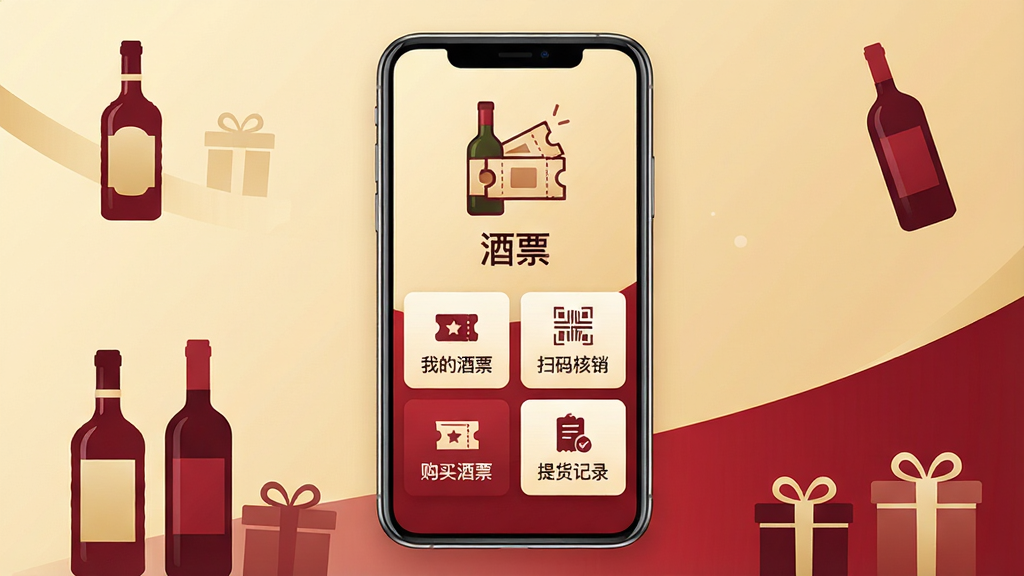 画面中央是一部竖屏智能手机,手机屏幕内展示“酒票”应用首页界面,上方有酒瓶与票券组合的图标,下方排列着“我的酒票”“扫码核销”“购买酒票”“提货记录”四个功能卡片。背景为浅金色与深红色搭配的柔和渐变,四周点缀少量白酒瓶、红酒瓶与礼品盒剪影。整体风格简洁商务,排版居中对称,细节清晰,画质干净,无多余元素。