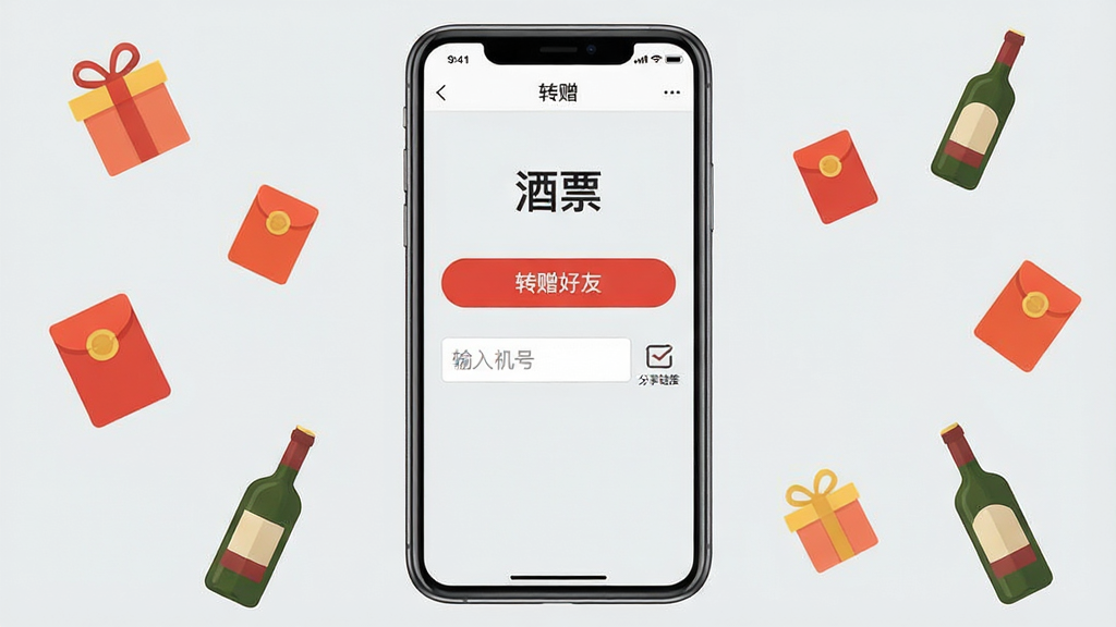 手机屏幕显示“酒票”应用的转赠界面,页面中央有一个红色的“转赠好友”按钮,下方有输入手机号的文本框和分享链接图标。背景为浅灰色,四周漂浮着礼品盒、红包和酒瓶的扁平化图标。风格清新简洁,排版整齐,画质干净,无多余装饰元素。