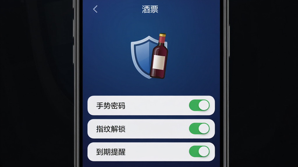 手机屏幕展示“酒票”应用的安全设置页面,页面上有“手势密码”“指纹解锁”“到期提醒”“账户备份”四个开关选项,均已开启并显示绿色状态。背景为深蓝色渐变,画面中央有一个盾牌与酒瓶结合的图标。风格沉稳安全,排版清晰,画质干净,无多余元素。