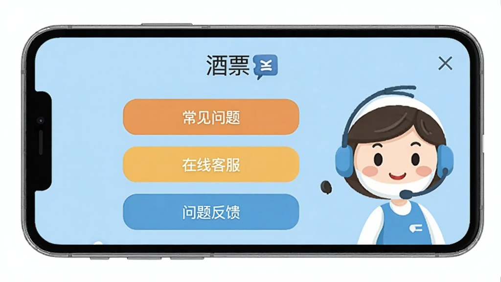 一部手机屏幕显示“酒票”应用的帮助与反馈页面,页面上有“常见问题”“在线客服”“问题反馈”三个入口按钮,背景为浅蓝色,画面右侧有一个卡通客服头像。整体风格友好亲切,排版简洁,画质干净,无多余元素。