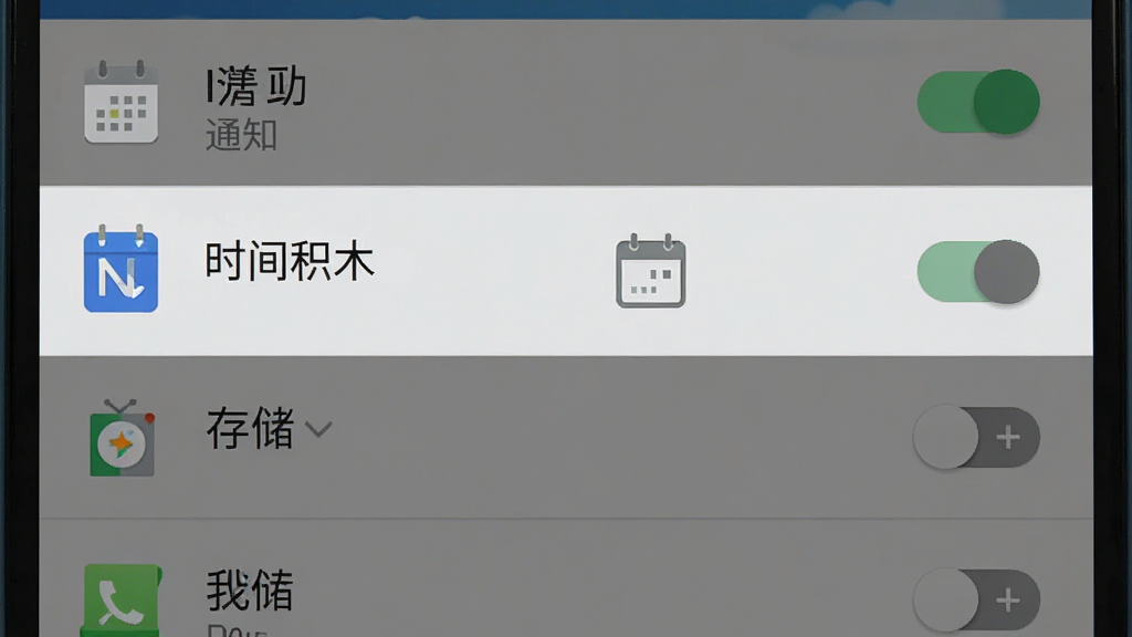 一张安卓手机权限设置界面截图风格图片,主体为手机屏幕显示应用权限管理页面,列表中「时间积木」高亮显示,旁边有日历、通知、存储等权限开关,布局为垂直列表,排版清晰,风格为系统原生设置界面风格,细节上开关有绿色和灰色状态、图标简洁,画质高清,干净,无多余元素