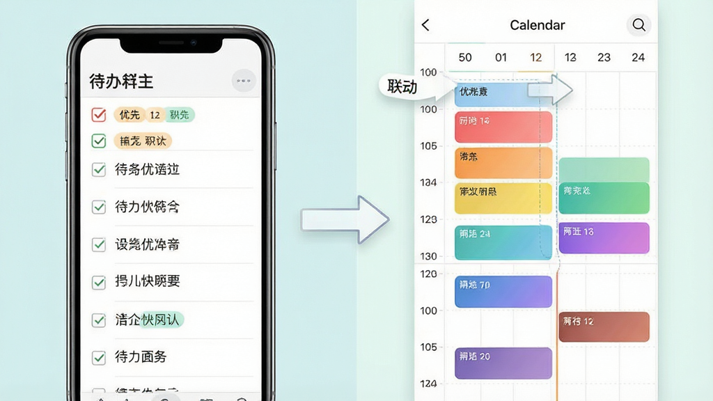 一张时间积木功能展示图,主体为手机屏幕显示待办清单与日历时间轴并排的界面,左侧是带勾选框的待办列表,右侧是彩色时间块日历,中间有箭头表示拖拽联动,布局为左右分栏对比,排版简洁清晰,风格为清新浅色系,细节上待办条目有优先级标签、日历色块有渐变效果,画质高清,干净,无多余元素