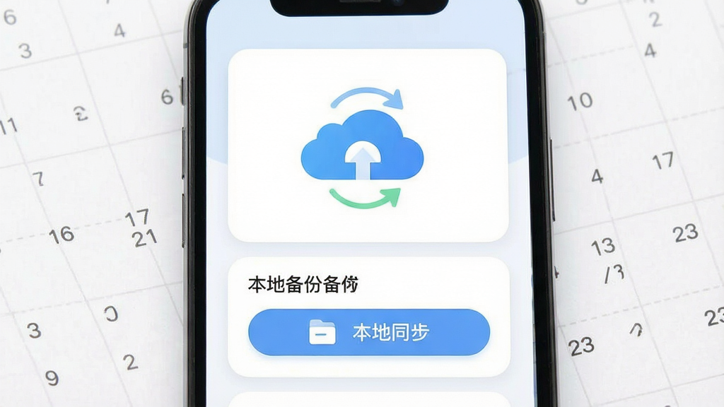 一张时间积木数据同步与备份功能示意图,主体为手机屏幕显示云同步图标和本地备份选项,背景有淡淡的日历网格纹理,布局为功能卡片式排列,排版采用柔和圆角卡片,风格为简约商务,细节上云朵图标有同步箭头、备份按钮有文件图标,画质高清,干净,无多余元素