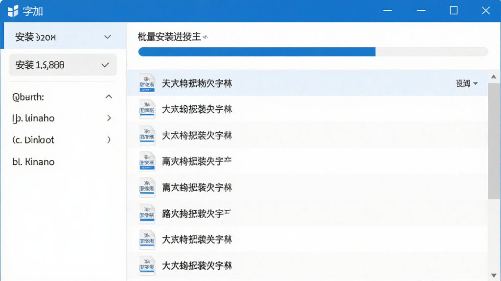 字加软件在Windows电脑上的操作界面截图,展示字体批量安装进度条,界面中有