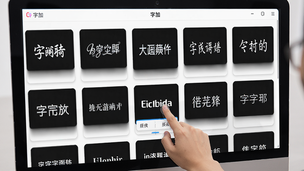 电脑屏幕上打开字加软件,界面中展示多个字体预览卡片,每张卡片上有不同字体的中英文示例文字,用户正在用鼠标点击其中一个字体卡片,画面明亮清晰,软件名称