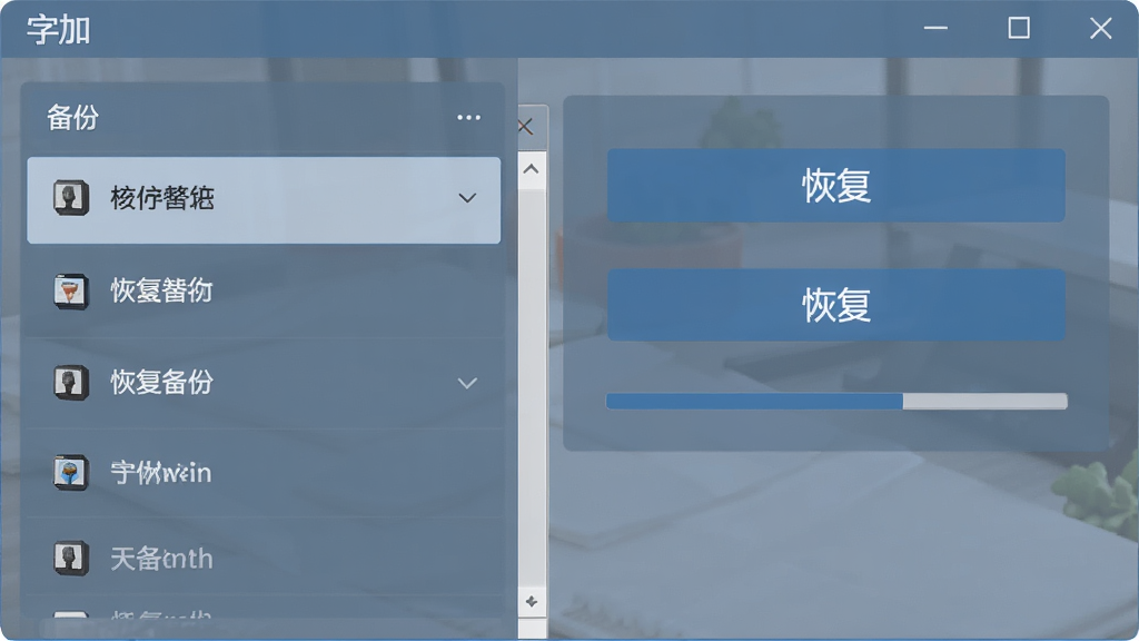 字加软件界面中展示字体备份与恢复功能页面,左侧有备份列表,右侧有恢复按钮和进度条,界面中显示