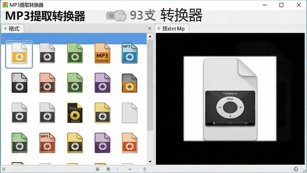 一张展示MP3提取转换器多格式支持功能的图片,主体为软件界面中文件导入区域,布局为左侧格式列表、右侧文件预览,排版整齐,风格为扁平化设计,细节包括多种格式图标和