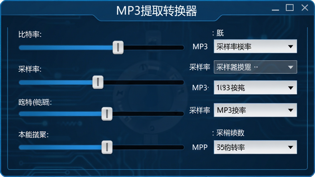 一张展示MP3提取转换器音质参数设置界面的图片,主体为参数调节面板,布局为滑块和下拉选项,排版清晰,风格为科技蓝调,细节包括比特率、采样率等选项和