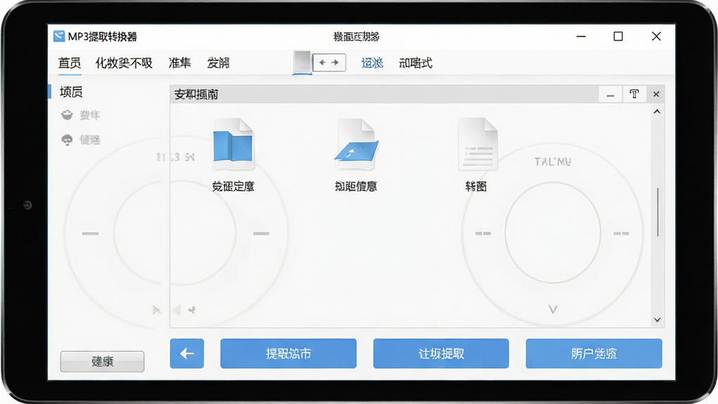一张展示MP3提取转换器简洁操作界面的图片,主体为软件主界面,布局为顶部菜单、中部文件区和底部按钮,排版干净利落,风格为现代简约,细节包括