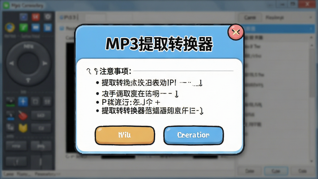 一张展示MP3提取转换器新手操作提示的图片,主体为软件界面中的帮助提示弹窗,布局为居中的提示框和操作按钮,排版简洁,风格为友好卡通风格,细节包括