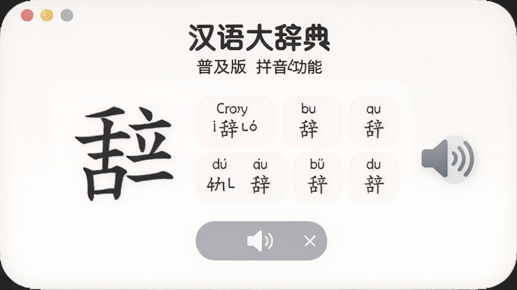 一张展示汉语大辞典 普及版拼音朗读功能的图片,画面中软件界面显示一个汉字及其多个拼音选项,旁边有一个扬声器图标表示发音功能,布局为居中展示,风格为柔和圆角,细节包括拼音标注和发音按钮,画质清晰,干净,无多余元素