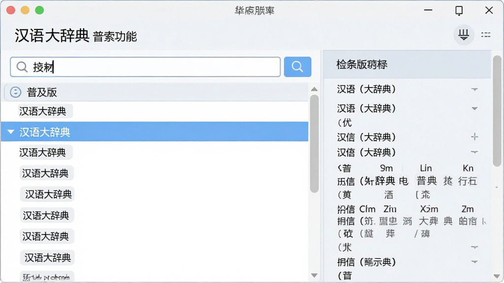 一张展示汉语大辞典 普及版词条检索功能的图片,画面中软件窗口显示搜索框内输入了汉字,下方列表展示多个相关词条,右侧面板显示详细释义和拼音,布局为左右分栏,风格为清爽浅色,细节包括高亮选中的词条和滚动条,画质清晰,干净,无多余元素