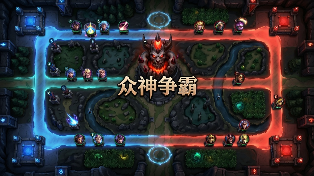 众神争霸5v5对战地图俯视图,画面展示三路兵线、河道、野区与中央Boss巢穴,蓝红双方基地分别位于左下与右上角落,英雄头像小图标分布在各条路线上,技能特效光晕点缀其中,整体采用深色地形与发光路径的视觉风格,布局为正方形地图全貌,细节包含防御塔、草丛区域、回城光圈,画质高清锐利,画面中央悬浮“众神争霸”字样