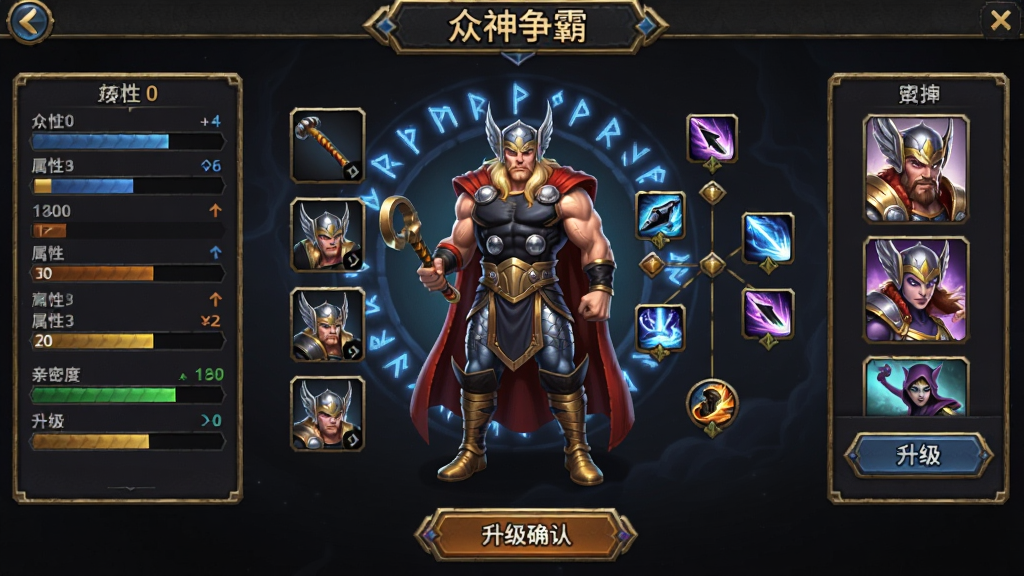 众神争霸神明养成界面,画面中央为一位北欧雷神角色全身立绘,周围环绕装备栏、技能树与亲密度进度条,左侧显示属性数值面板,右侧为皮肤预览切换按钮,底部有升级确认操作区,整体采用深色背景配金色边框的卡牌风格,布局为左右分栏结构,细节包含发光符文、进度条纹理、数值变化箭头,画质高清干净,画面顶部标注“众神争霸”