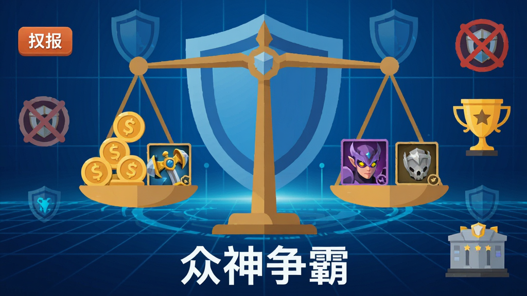 众神争霸公平竞技宣传图,画面中央为天平图标,左侧托盘放置金币与装备图标,右侧托盘放置皮肤与外观道具,天平保持平衡状态,背景为蓝色科技感网格与盾牌图案,整体采用扁平化设计风格,布局为居中对称构图,细节包含举报按钮图标、封禁标志、排行榜奖杯,画质高清简洁,画面下方标注“众神争霸”