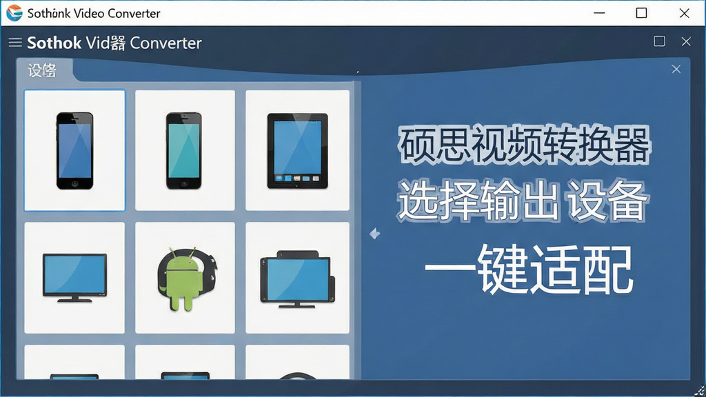 һ��չʾ˶˼��Ƶת������Sothink Video Converter���豸Ԥ�蹦�ܵ�ʾ��ͼ������Ϊ���������е��豸ѡ����壬����Ϊ����״ͼ�����У��Ű����룬���Ϊ��ƽ����ƣ�ϸ�ڰ���iPhone����׿�ֻ���ƽ�塢���ӵ��豸ͼ�꣬�����д������֡�˶˼��Ƶת��������ѡ������豸����һ�����䡱�������������������ɾ����޶���Ԫ��