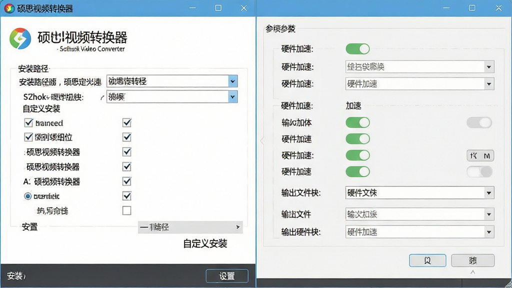 һ��չʾ˶˼��Ƶת������Sothink Video Converter����װ�����ý����ʾ��ͼ������Ϊ������װ�������������壬����Ϊ���ҷ������Ű����࣬���Ϊ��ˬ���ŷ磬ϸ�ڰ�����װ·��ѡ�������ѡ�Ӳ�����ٿ��ء�����ļ������ã������д������֡�˶˼��Ƶת���������Զ��尲װ����Ӳ�����١��������������������ɾ����޶���Ԫ��