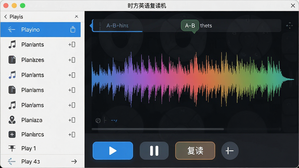 一张展示时方英语复读机软件界面的图片,画面主体为软件窗口,窗口内显示音频波形和A-B复读区间标记,下方有播放、暂停、复读按钮,布局为左右分栏,左侧播放列表,右侧波形区,风格为现代软件界面展示,细节包括按钮高亮状态、波形颜色渐变,画质清晰,干净,无多余元素