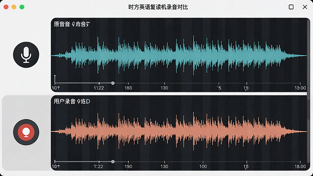 一张展示时方英语复读机录音对比功能的图片,画面主体为软件界面中的双轨波形,上方为原音波形,下方为用户录音波形,界面带有麦克风图标和录音按钮,布局为上下对照,风格为科技感学习软件界面,细节包括波形颜色区分、时间轴刻度,画质清晰,干净,无多余元素