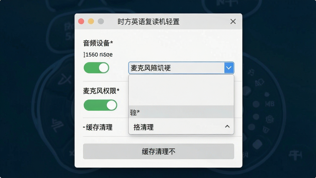 一张展示时方英语复读机新手设置界面的图片,画面主体为软件设置窗口,包含音频设备选择、麦克风权限开关、缓存清理按钮等选项,布局为纵向列表,风格为简洁设置面板,细节包括开关按钮状态、下拉菜单展开,画质清晰,干净,无多余元素