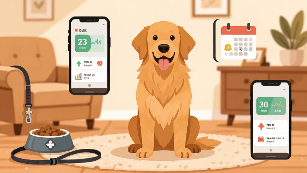 一只金毛犬坐在客厅中央,周围环绕着手机屏幕显示的健康数据图表和日历提醒图标,背景是温暖的家居环境,画面左侧放置着狗粮碗和牵引绳,整体采用柔和暖色调,扁平化插画风格,细节清晰干净,画质高清无多余元素