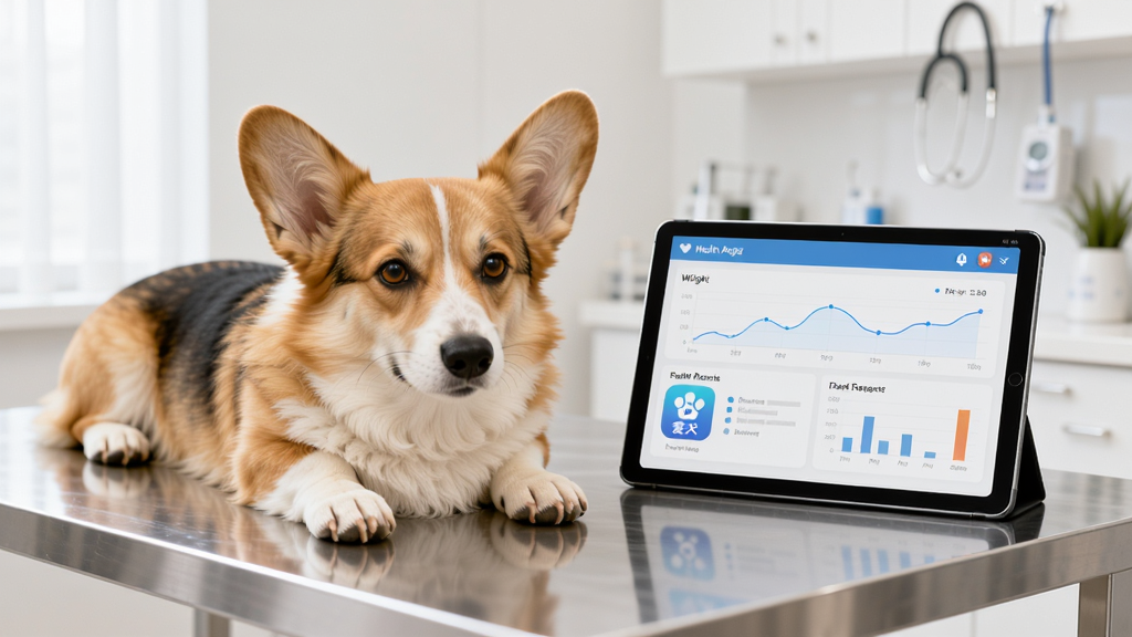 一只柯基犬趴在兽医检查台上,旁边有平板电脑显示着健康档案界面,包含体重曲线和疫苗记录图表,背景是干净的白色诊室,柔和光线,写实风格,画质清晰干净,画面中带有