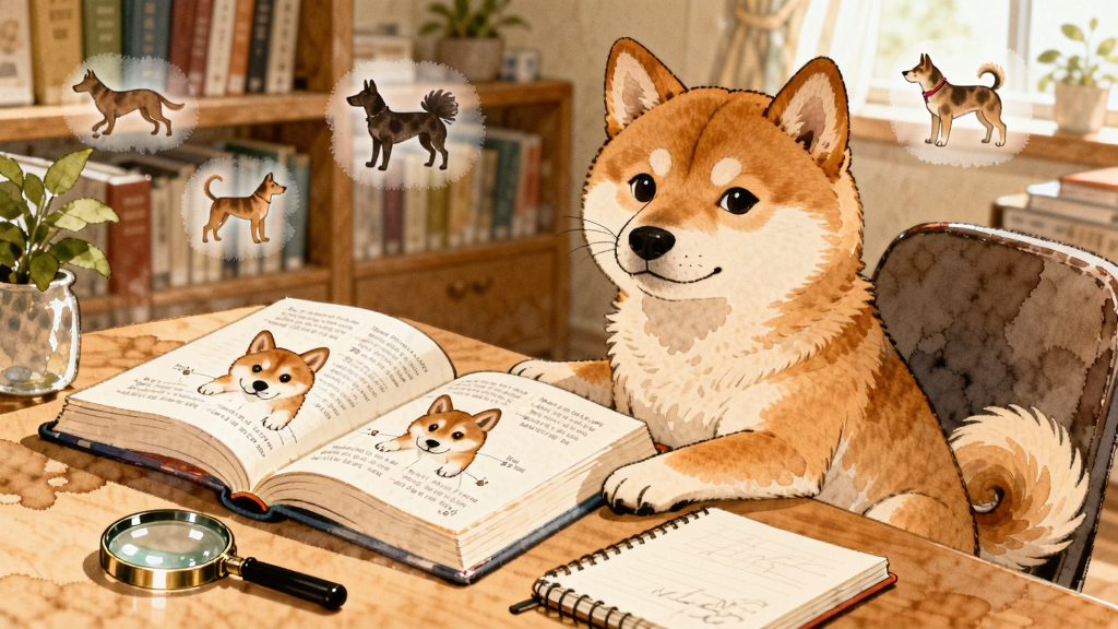 一只柴犬坐在书桌前,桌上摊开一本犬种图鉴,旁边放着放大镜和笔记本,背景是温馨的书房,画面中漂浮着不同犬种的剪影图标,整体采用清新水彩风格,画质干净明亮,无多余元素