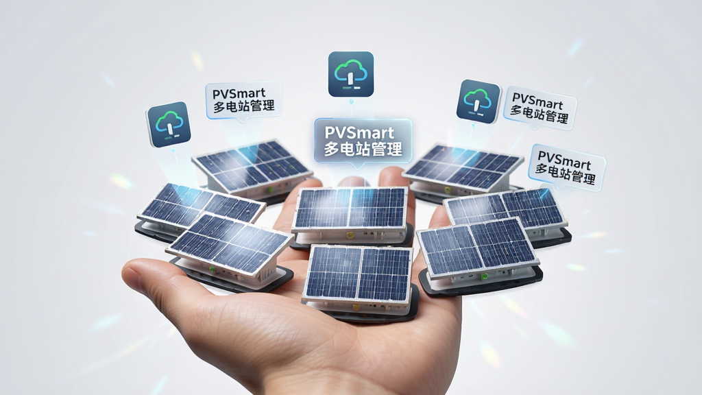 主体为一只手掌托起多个微型光伏电站模型,每个模型上方漂浮着PVSmart软件的设备管理图标与数据标签。布局采用放射状排列,手掌位于画面下方。排版清晰,风格为清新商务风。细节:模型表面有反光质感,图标显示“PVSmart多电站管理”,背景为淡灰色渐变。画质为4K,干净整洁,无多余装饰。