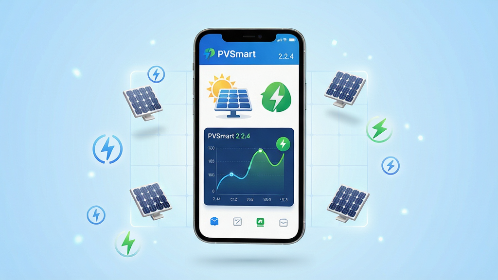 主体为一部智能手机,屏幕上显示PVSmart软件的数据监控仪表盘界面,界面内有光伏板图标、发电功率曲线图与绿色能源标识。布局采用居中构图,手机悬浮在浅蓝色渐变背景之上,周围环绕着微型太阳能板与电流符号。排版简洁,风格偏向科技感与清洁能源主题。细节包括:手机屏幕内文字清晰显示“PVSmart”与“2.2.4”,图表线条流畅,背景有柔和的网格光影。画质为4K超高清,干净无多余元素,整体色调以蓝、白、绿为主。
